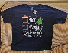 Boys Funny Christmas Tshirt YM Naughty, Nice, Brother Did It 