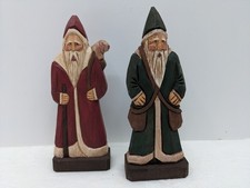 Pair Of Vintage Primitive Folk Art Hand Carved Wood Santa Claus 6" Red Green