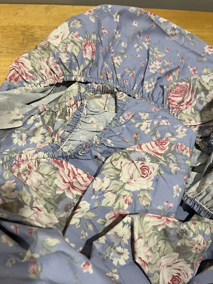 Винтажная простыня на резинке Ralph Lauren Shelter Island синяя хлопок розовый цветочный узор - Изображение 3 из 4