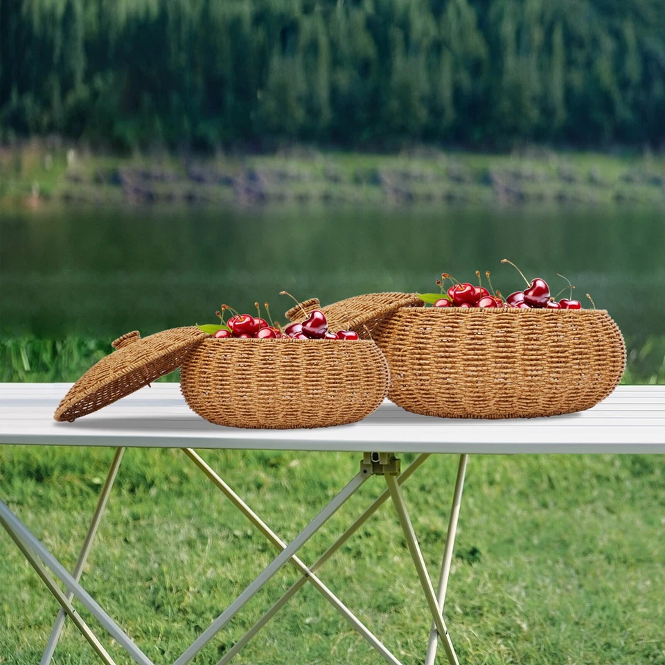 2Pcs Hand-woven Storage Basket Round Imitation Rattan Baskets with Lid New - Image 2 of 4