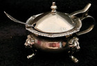 Vintage Silver Plate Salt Cellar & Mustard Pot Set Cobalt Blue Liners Lion Feet — photo 7