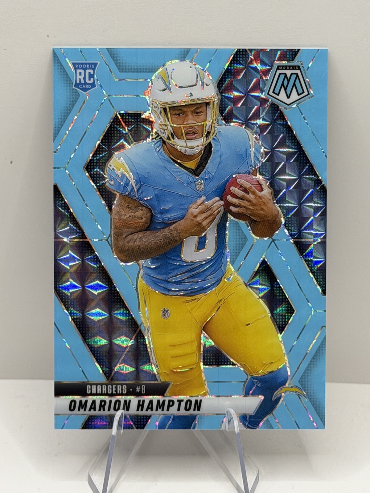 2025 Panini Mosaic - Omarion Hampton Blue Fluorescent #10/15 No. 335 (RC)