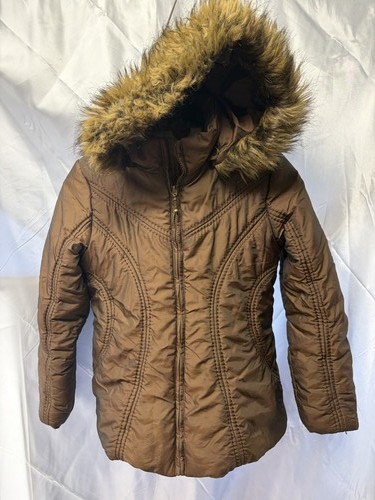 Limited Too Girls Brown Puffer Jacket Faux Fur Hood Polka Dot Lining Size 10 O0