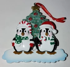 Vtg Two Festive Holiday Penguins With Christmas Tree 3 1/2”