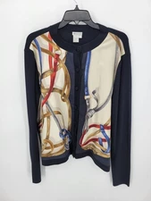 Worth New York Cardigan Sweater Navy Silk Front Equestrian Button Up Designer