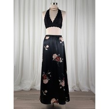 Vintage 90s Black Floral Satin Maxi Skirt Grunge Whimsigoth Fairy Womens L