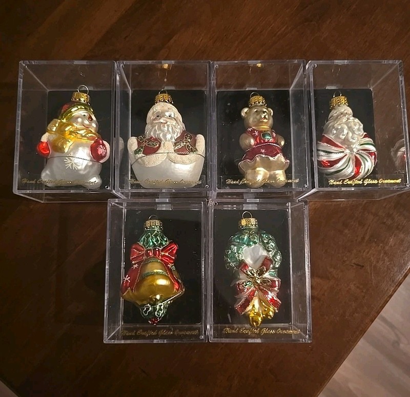 Vintage 2007 Glass Ornaments Lot of 6- Santas, Bear, snowman, Bells, Etc.