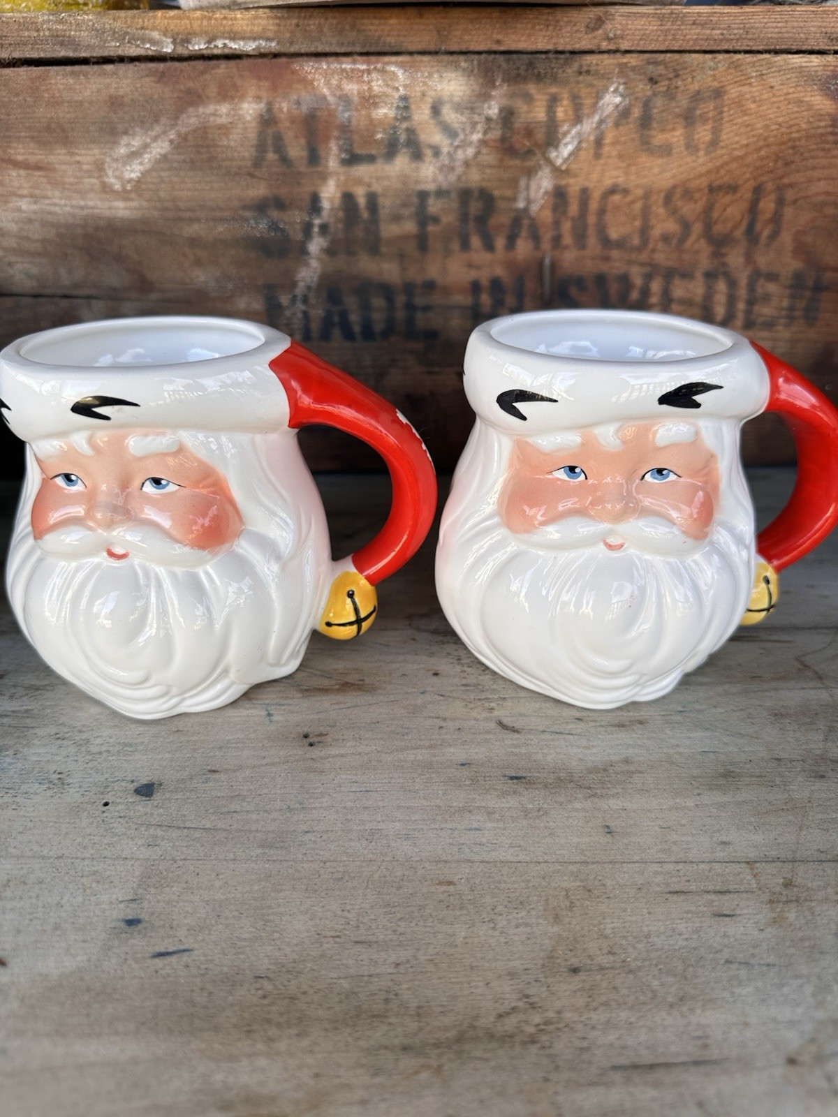 Set Of (2) Adorable BLUE-EYED SANTA MUGS  **SOME WEAR / **PAINT LOSS AS SHOWN