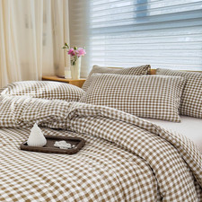 Comforter Set King Size, Tan Gingham Bedding Comforter Sets, Brown Grid Bed Comf