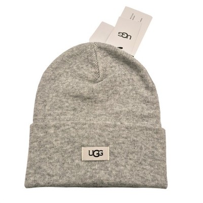 UGG Logo Knit Folded Cuff Beanie Hat Winter Heather Gray One Size NWT