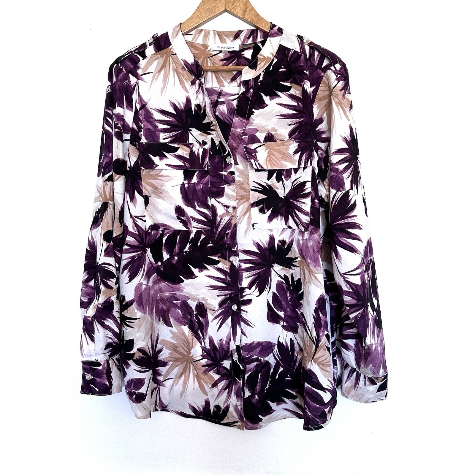 Calvin Klein Shirt Women’s 0X Leaves Boho Button Down Long Roll Tab Sleeve Top