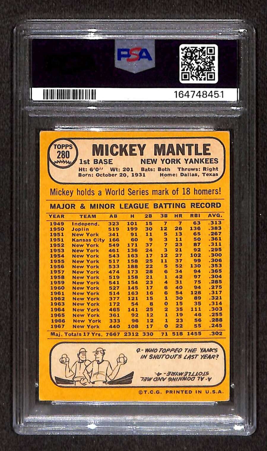 1968 Topps #280 Mickey Mantle HOF  PSA 3 VG Looks Better C106752 view 2