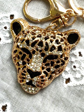 Rhinestone Gold Black Metal Leopard Cheetah Key Ring Holder W/ Clip 4"