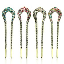4 Pieces French Hair Pins, Metal U Shaped Hairpins, Vintage Double Prong Hair