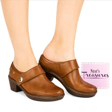 Klogs Footwear LANDING Brown Leather Medium Block Heel Comfort Clog Shoes Sz 6 M