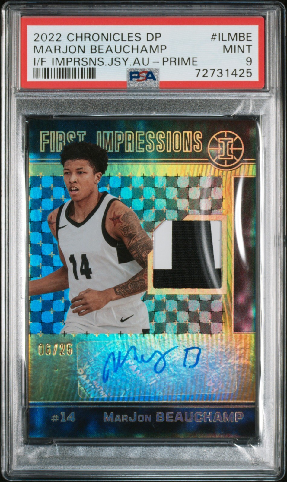 PSA 9 MARJON BEAUCHAMP /25 Auto 2022 Chronicles 1st Impressions Jersey PRIME RPA