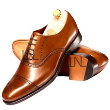 Men's Brown Color Oxford Cap  Brogue Toe Genuine Leather Lace Up Formal Shoes