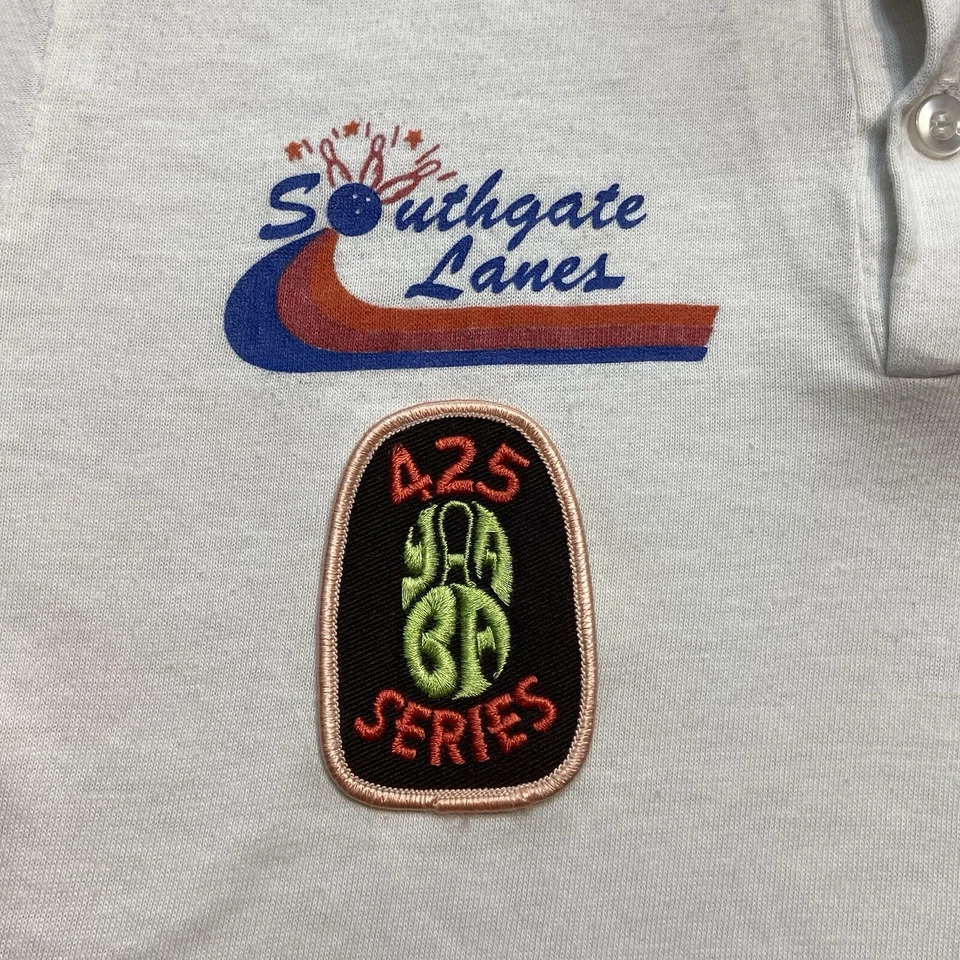 Vintage 80s YABA Bowling Polo Shirt Mens SiE L Fits A White Size L Distressed - Image 2 of 4