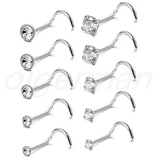 10PCS Stainless Steel Silver CZ L-Shaped Nose Ring Studs Piercing Jewelry 20G