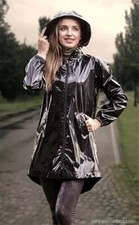 Women Pvc Shiny Leather Hooded Light Weighted Raincoat Stylish Trench Long Coats