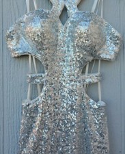 Women's Full Sequin Bling White Silver Long Prom Dress Open Back Sides