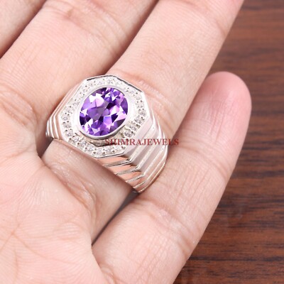 Natural Amethyst Gemstone With 14K White Gold Plated Silver Men's Ring #382