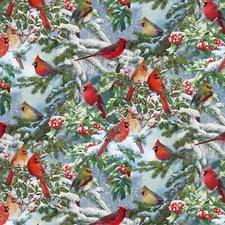 Animal Fabric | Christmas Red Cardinal & Evergreen Blue | David Textiles Yard