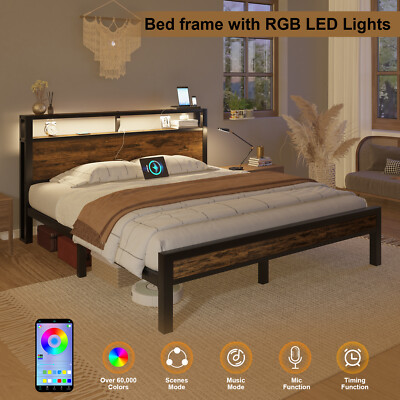 #ad Bed Fame Full Queen King with Wooden Storage Headboard and Charging Station $130.99