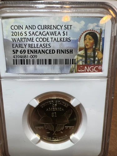 2016 S Sacagawea $1 Dollar Wartime Code Talkers Coin, NGC SP69 Enhanced Finish