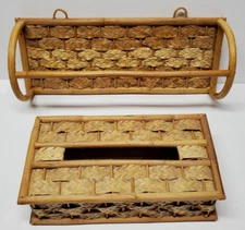 Set Of Woven Wicker Rattan Bamboo Tissue Box Cover And Towel Rack Natural READ