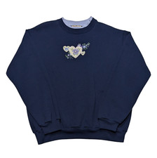 Vintage Top Stitch Floral Navy Embroidered Sweatshirt Womens Large Grandma NICE