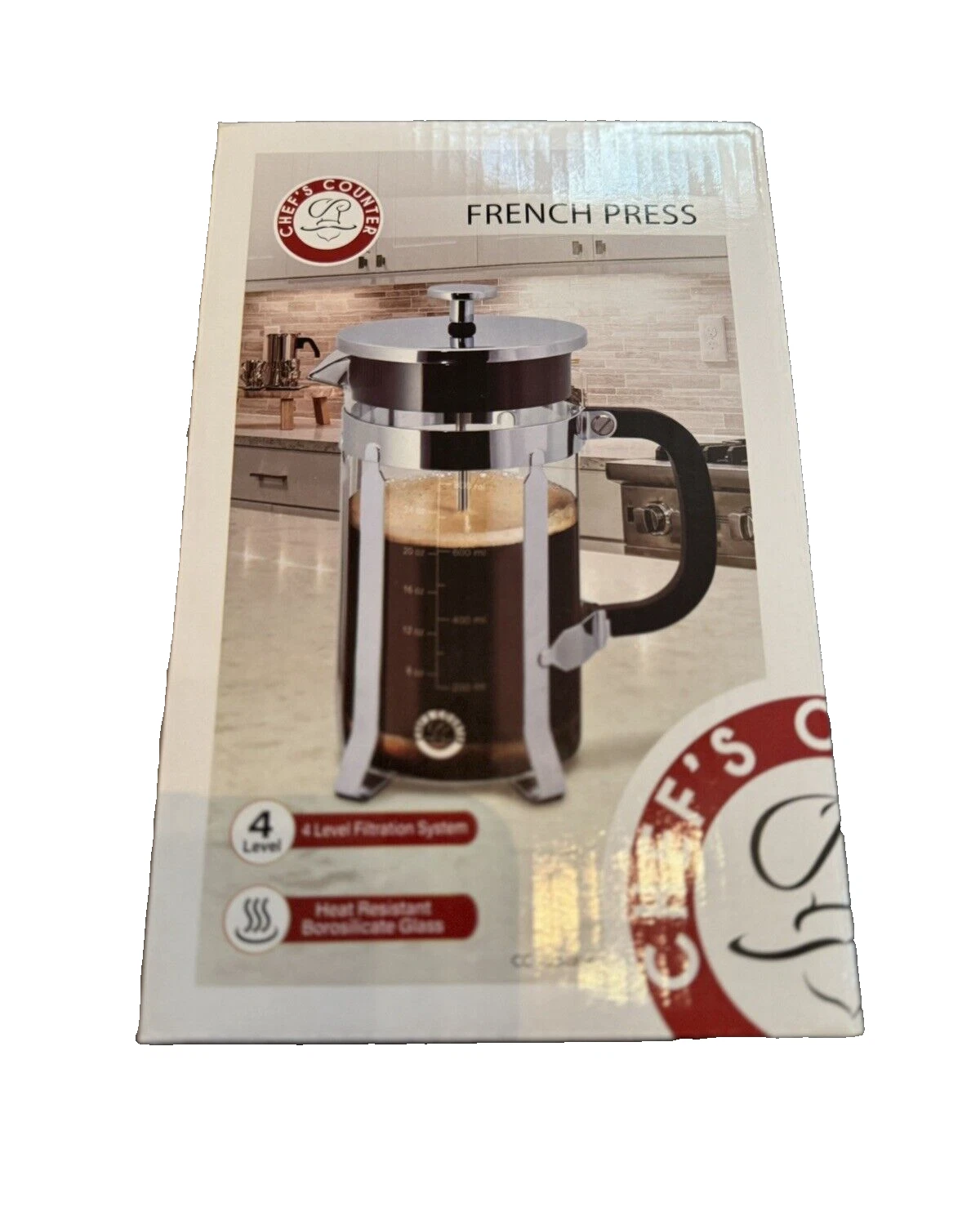 Chef's Counter - French Press Coffee Maker Silver with 4 Level Filtration System