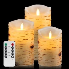 3 Pcs Flameless Birch LED Candles Moving Real Wax Battery Remote Timer