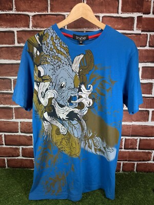 Y2K Veneno Affliction Style Tribal Japanese Koi Fish Goth Pattern T-Shirt S/M