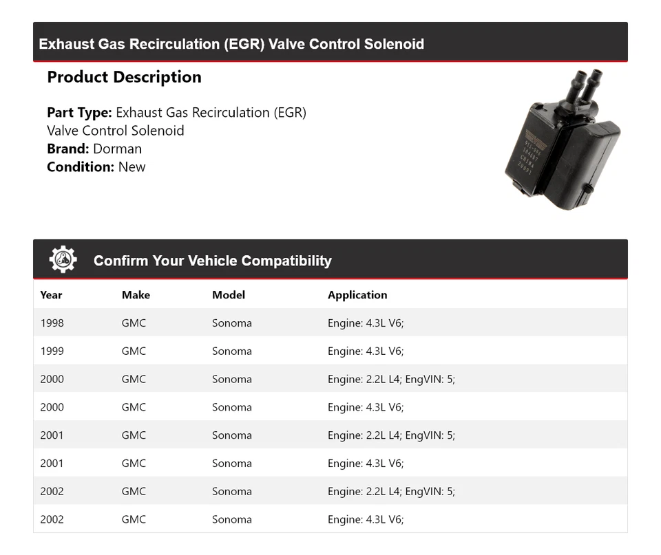 Solenóide de controle de válvula EGR para 1998-2002 GMC Sonoma Dorman 1999 2000 2001 - Imagem 2 de 4