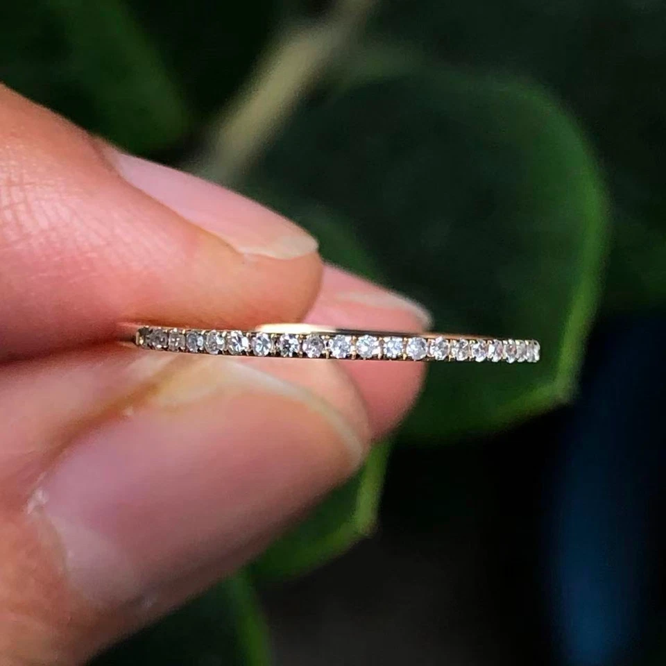 Stackable Wedding Band 10K Solid Gold 1mm Thin Natural Diamond Eternity Ring - Image 2 of 4