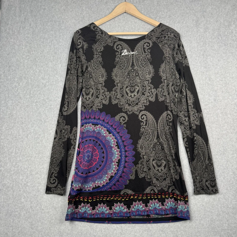 Camisa Desigual Mujer XL Negra Multicolor Capucha Cuello Manga Larga Túnica Cachemira Foto 2 de 4