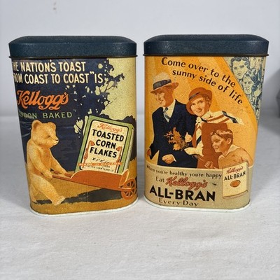 Vintage 1984 Kellogg s Corn Flakes & All-Bran Advertising Tins Farmhouse Kitchen
