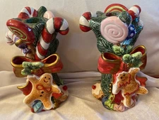 Fitz and Floyd Classics Christmas candle Holders Pair Gingerbread Candy Cane