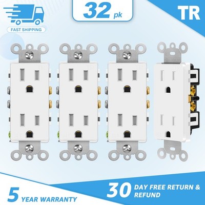 32Pcs 5-15R 15A TR Receptacle Self-Grounding Easy Install Residential UL White