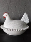 Vintage Indiana Milk Glass Hen On Nest, Red Painted Crest