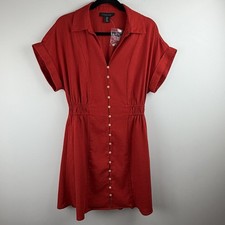Tahari Women Linen Blend Red Button-Front Elastic waist Shirt Dress Size M NWOT