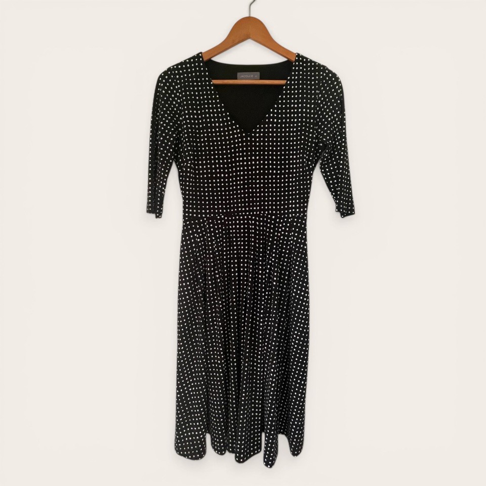 Jacqui E Black Polka Dot Dress Womens XS Flattering Fit Work Office Midi Stretch