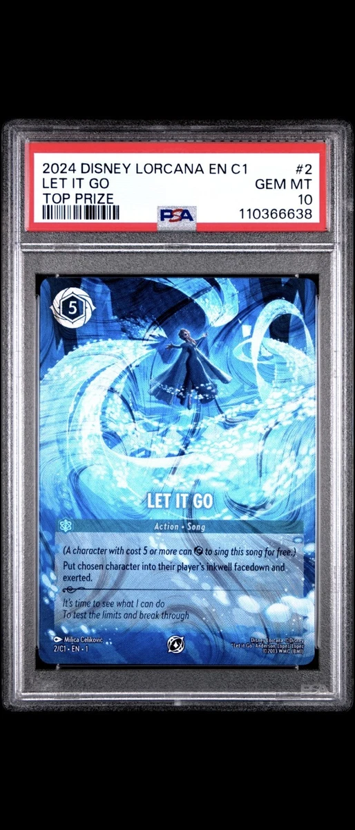 let it go lorcana card Can't Hold Back Anymore 62/204  Disney Details + Review  Lorcana Player 5 (A character with cost 5 or more can [Exert} to sing this song for free.) Put chosen character into their players inkwell facedown and exerted. Let It Go (Disney Lorcana