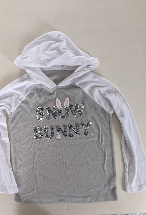 Justice Girls 6/7 Snow Bunny Flip Sequins Pull-over Hoodie Light Flannel Grey/Wh