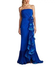 Tadashi Shoji Mystic Blue Ruffle Detail Strapless Gown Size Medium 538