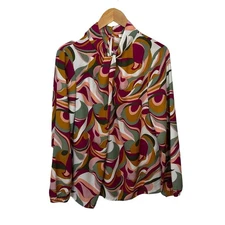 Pleione Groovy Swirl Printed Blouse w/ Twisted Keyhole Neckline Size Large New