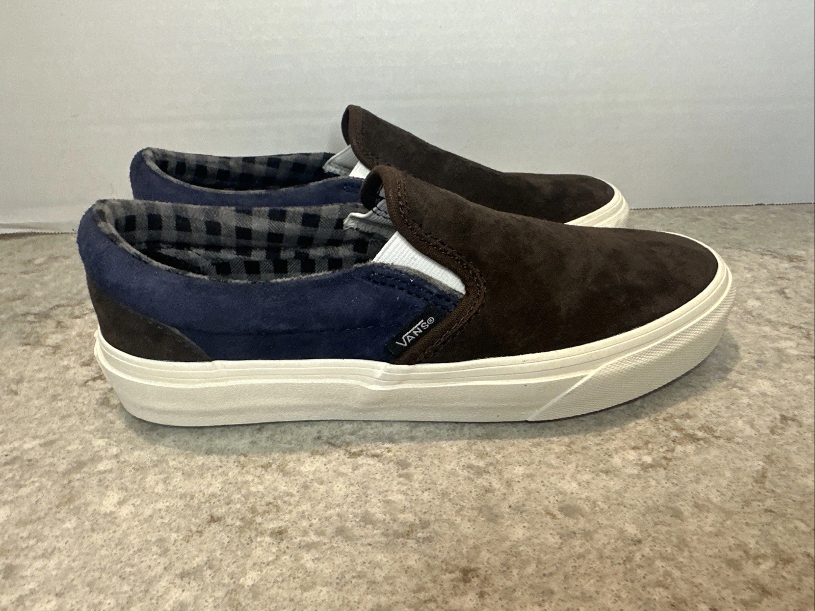 Vans scarpe classiche slip on slide maiale scamosciato a quadri marrone blu scamosciato donna 7