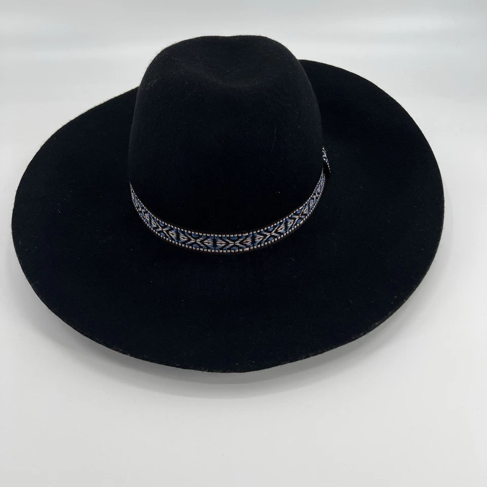 Sombrero de fieltro negro 100 % lana Lucky Brand ala ancha con banda azteca occidental boho Foto 2 de 4