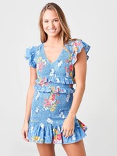 LoveShackFancy Sonora Dress Blue Floral Smocked Flutter Sleeve Mini Casual XS